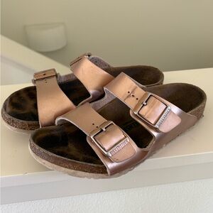 Birkenstock Arizona Birko Flor Metallic Light Pink Sandals Size 34